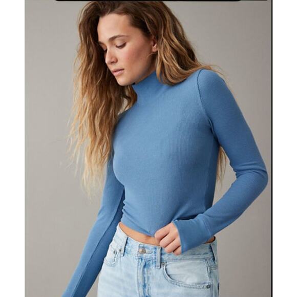 American Eagle AE Blue XL Long-Sleeve Cropped Hey Baby Mock Neck Tee Relaxed - Picture 1 of 7